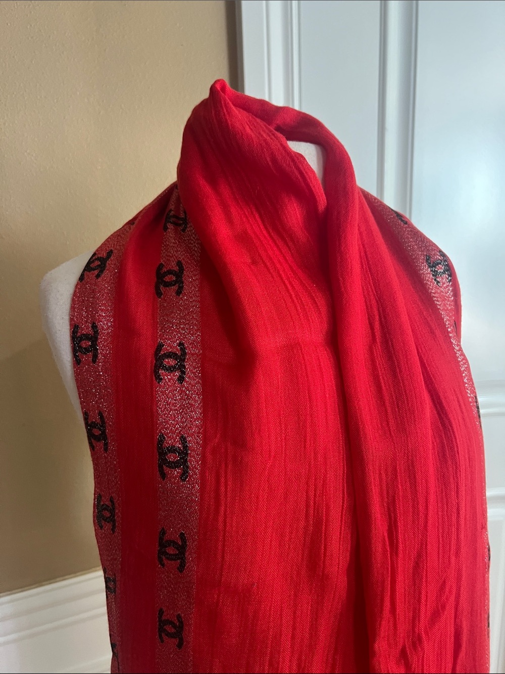 CC Red Luxury Logo Fringe Scarf